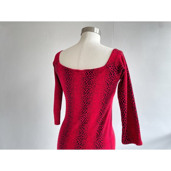 Vtg 80's Red Leopard Print Long Sleeve Bodycon Dress Sz S/M Goth Punk Grunge - Picture 6 of 10